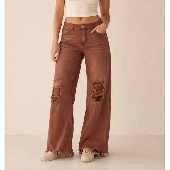 Vervet Denim - Vervet Wide Leg Distressed Jeans Rust Brown High Rise Raw Hem Skater Boho 30 qq
